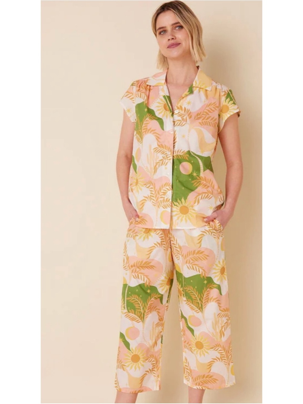 Women's Green & Pink Floral Wide-Leg Jumpsuit Set